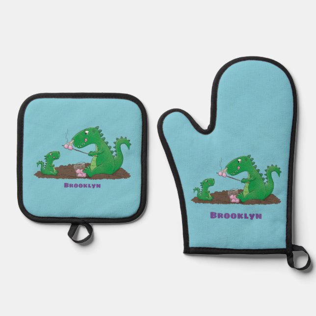 Set De Manoplas dragones cortos asando malvaviscos personalizado (Anverso)