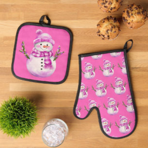 Set De Manoplas Dulce hombre de nieve rosa blanco de Navidad