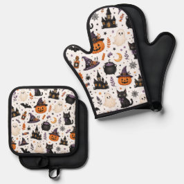 Set De Manoplas Dulce patrón sin fisuras de Halloween con gatos ne