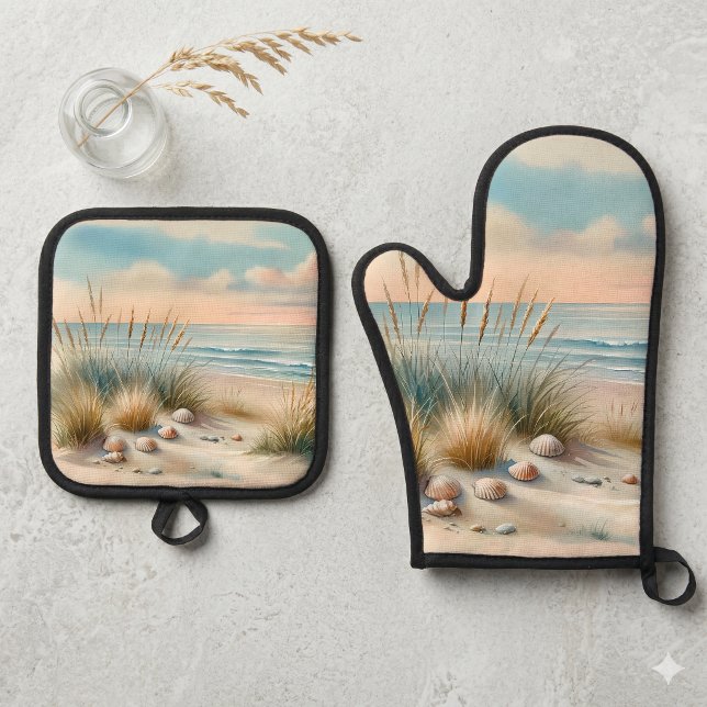 Set De Manoplas Dunas Costeras Pastel en Acuarela (Pastel Coastal Dunes Watercolor Oven Mitt & Pot Holder Set On Kitchen Island)