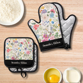 Set De Manoplas Dusty Floral Greenary Script Personalizado Regalo