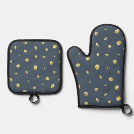 Set De Manoplas Dusty Navy Japanese Yellow Viola Floral Pattern