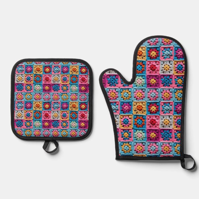 Set De Manoplas Efecto Crochet Granny Square Pattern (Anverso)