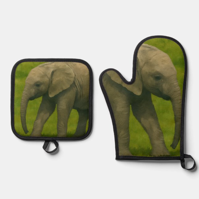 Set De Manoplas Elefante joven con tutor en reserva de hierba (Anverso)