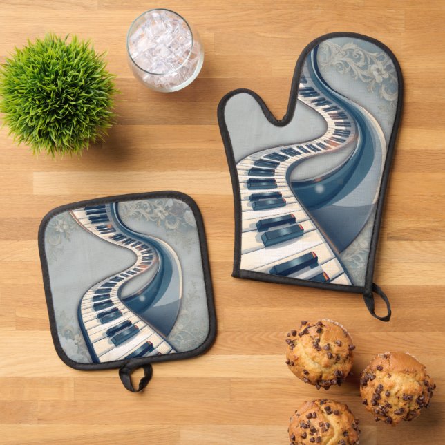 Set De Manoplas Elegance in piano keys and blossoms.  (De arriba hacia abajo)