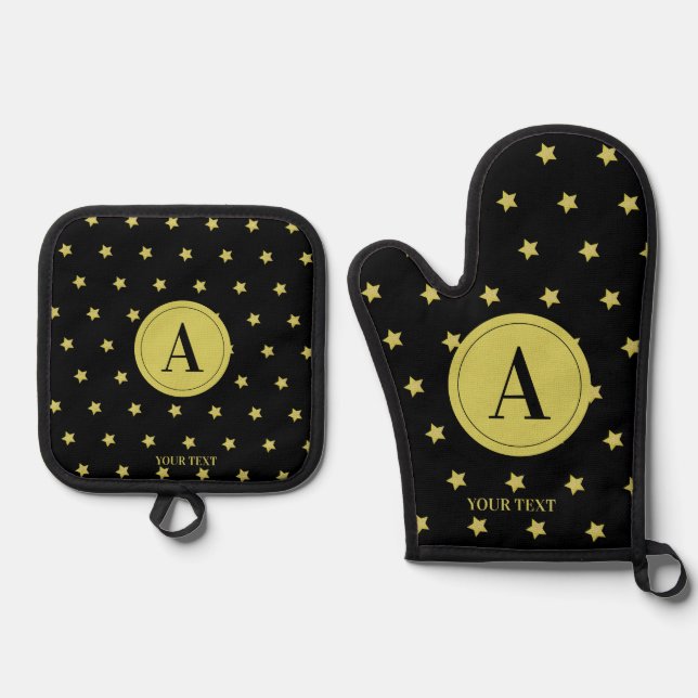 Set De Manoplas Elegant Gold & Black Star Pattern Monogram (Anverso)