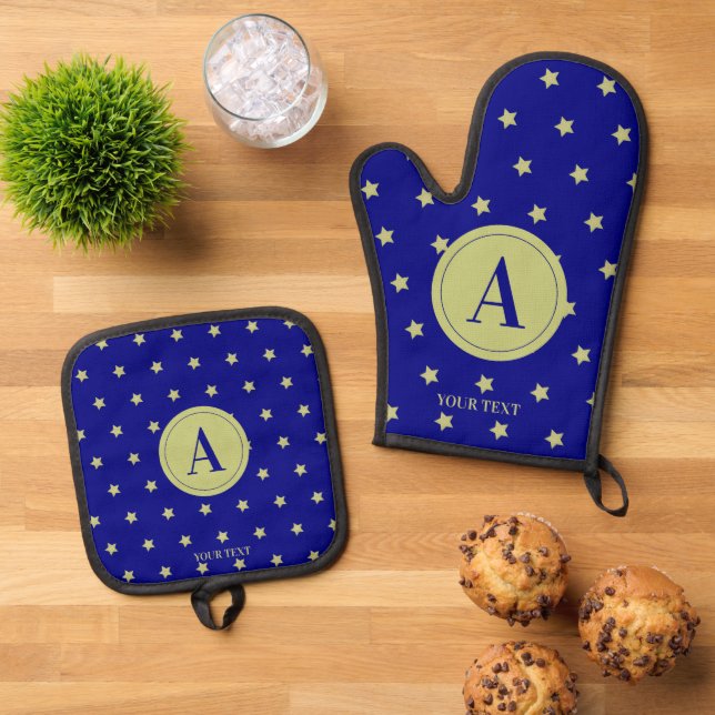 Set De Manoplas Elegant Gold & Blue Star Pattern Monogram (De arriba hacia abajo)