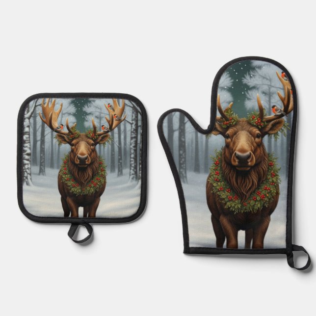 Set De Manoplas Elegant rustic Christmas moose winter landscape (Anverso)