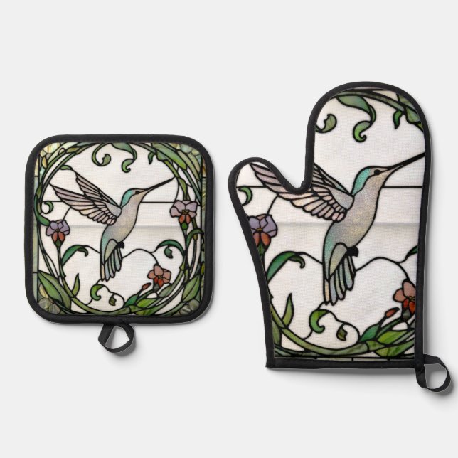Set De Manoplas Elegant stain glass art nouveau hummingbird (Anverso)