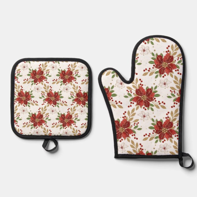 Set De Manoplas Elegant Winter Poinsettia Floral Pattern (Anverso)