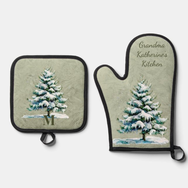 Set De Manoplas Elegante acuarela Snowy Evergreen personalizado (Anverso)