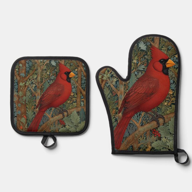 Set De Manoplas Elegante ave roja retro cardenal Art Nouveau (Anverso)