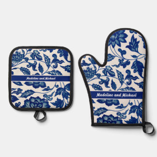 Set De Manoplas Elegante Azul Francés Campo Chinoiserie Nombre