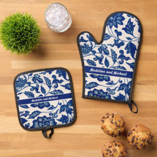 Set De Manoplas Elegante Azul Francés Campo Chinoiserie Nombre