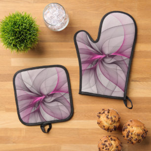 Set De Manoplas Elegante Caos Moderno Arte Abstracto Fractal Rosa