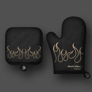 Set De Manoplas Elegante Chef Mom Flame Fire Black Gold Kitchen