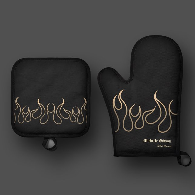 Set De Manoplas Elegante Chef Mom Flame Fire Black Gold Kitchen (Subido por el creador)