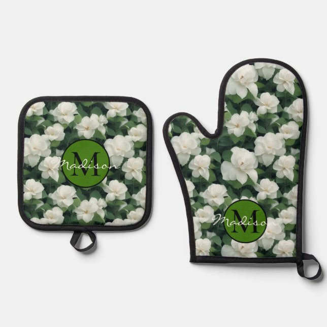 Set De Manoplas Elegante clásico verde botánico floral (Anverso)