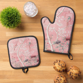 Set De Manoplas Elegante con flor de pájaro de Chinoiserie rosa