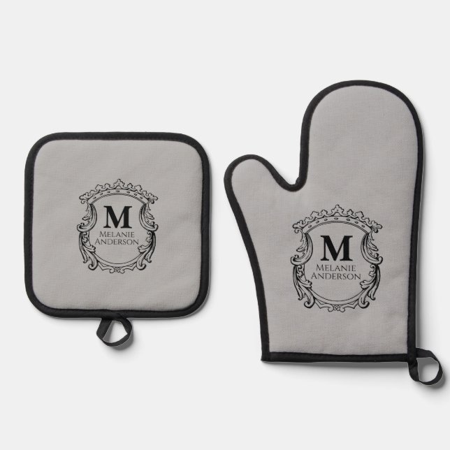 Set De Manoplas Elegante Cresta de Monograma Gris  (Anverso)
