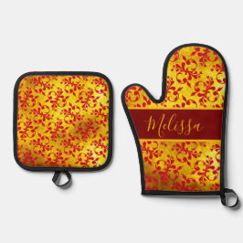 Set De Manoplas Elegante Damasco Rojo y Textura de Oro