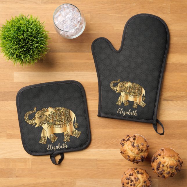 Set De Manoplas Elegante elefante Damask Gold Paisley (De arriba hacia abajo)
