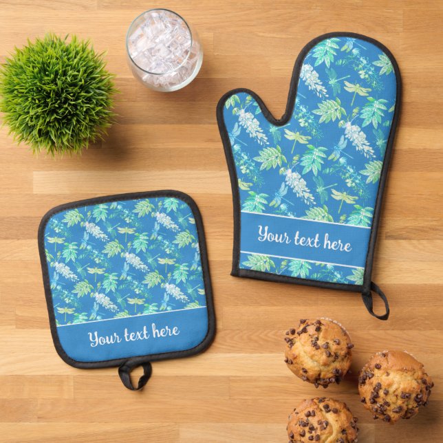 Set De Manoplas Elegante Estampado Floral de Libélula Azul Verde B (De arriba hacia abajo)