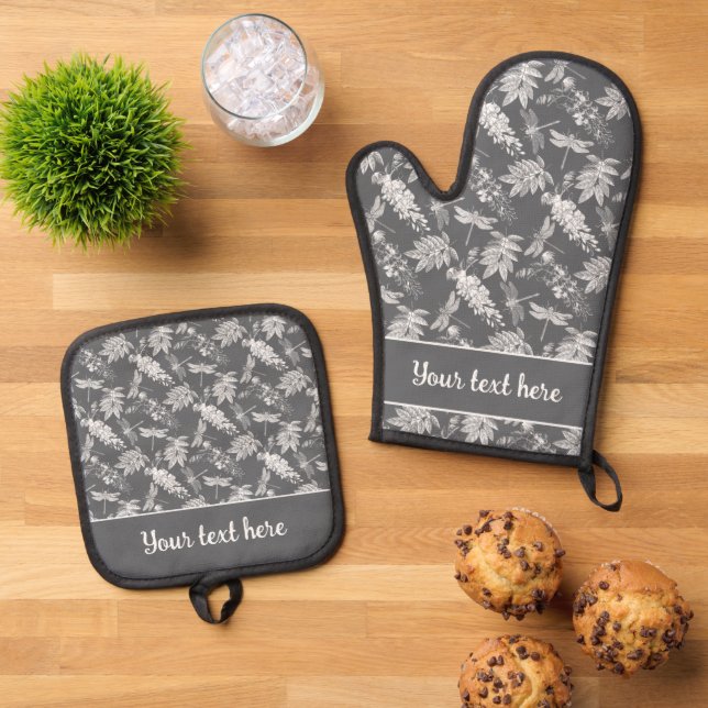 Set De Manoplas Elegante estampado floral de libélula gris carbón  (De arriba hacia abajo)