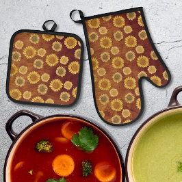 Set De Manoplas Elegante Finca Boho Madera Rústico Girasol