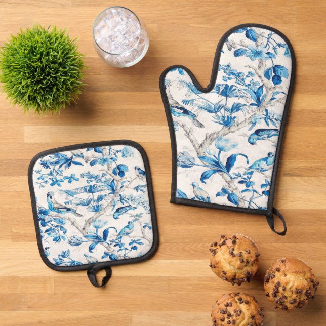 Set De Manoplas Elegante floral floral de ave chinoiserie azul y b (De arriba hacia abajo)