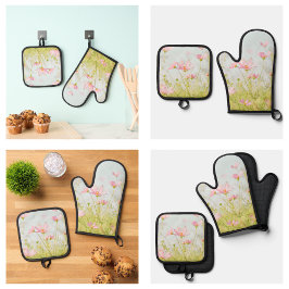 Set De Manoplas Elegante Floral Rosa Lindo