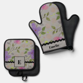 Set De Manoplas Elegante fondo gris floral primavera botánica