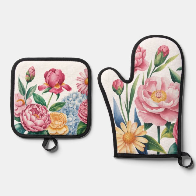 Set De Manoplas Elegante Jardín Floral Oven Mitt & Pot Holders (Anverso)