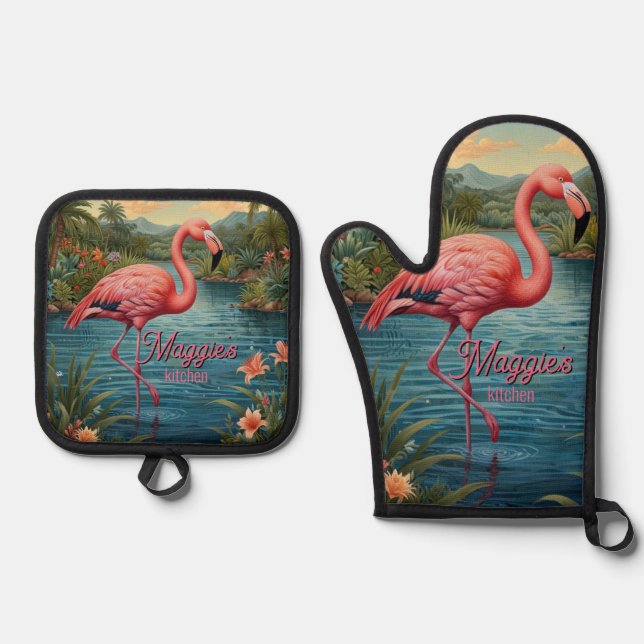 Set De Manoplas Elegante laguna tropical flamingo rosa (Anverso)
