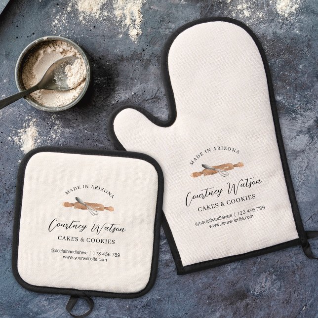 Set De Manoplas Elegante Moda Cute acuarela Whisk Panadería con ma (Elegant personalized bakery oven glove and pot holder with your custom name or logo & watercolor art)