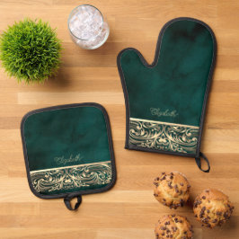 Set De Manoplas Elegante Moda Dorada Swirls Green