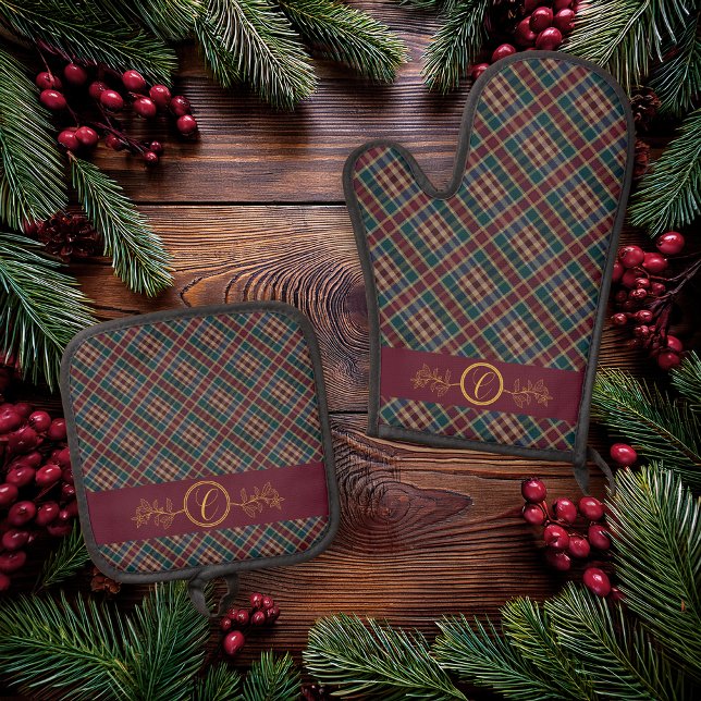 Set De Manoplas Elegante Monograma Dorado - Verde azulado azul de  (Elegant Gold Monogram Holly and Berries Dark Rich Plaid Christmas Holiday  Oven Mitt | Pot Holder)