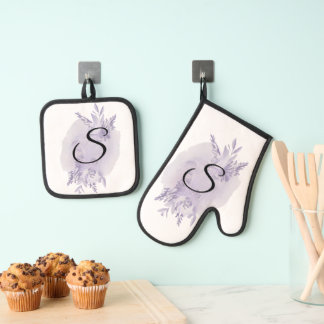 Set De Manoplas Elegante Monograma Floral Púrpura