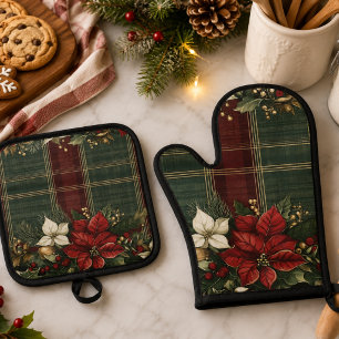 Set De Manoplas Elegante Navidad en Cuadros Burgundy y Flor de Pas