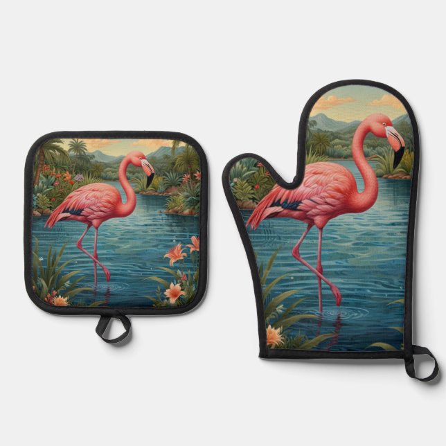 Set De Manoplas Elegante paraíso tropical flamingo rosa (Anverso)