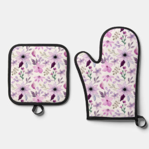 Set De Manoplas Elegante patrón de flores rosadas y moradas