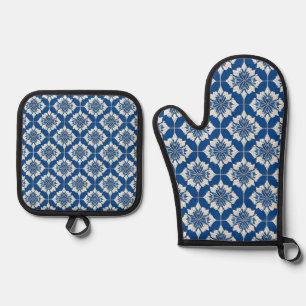 Set De Manoplas Elegante patrón floral azul y blanco