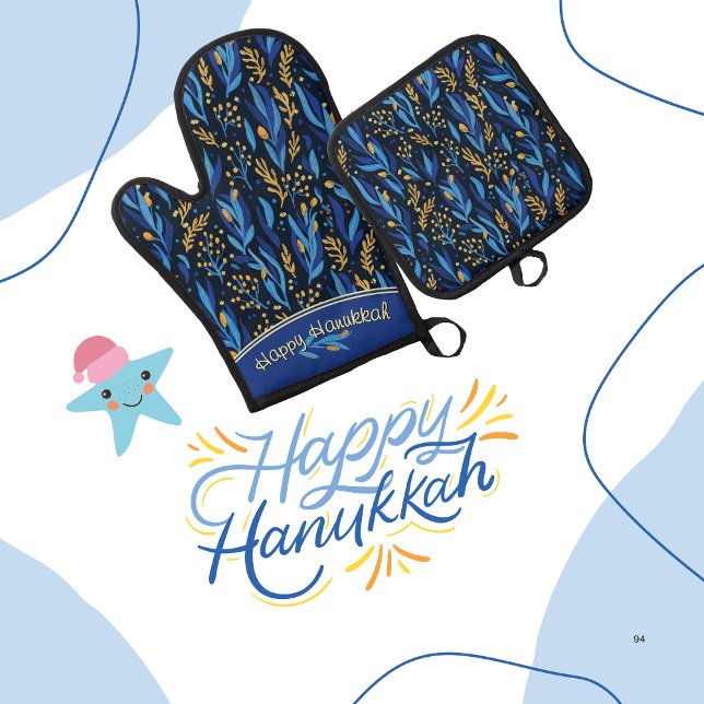 Set De Manoplas Elegante Patrón Floral Hanukkah (Elegant Floral Pattern Hanukkah Oven Mitt & Pot Holder Set)