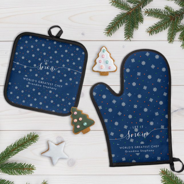Set De Manoplas Elegante personalizado de copos de nieve y puntos  (Let it snow custom name and text blue mitt with snowflakes and dots)