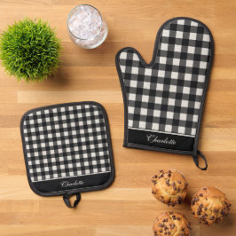 Set De Manoplas Elegante Plaid de Leñador Negro y Blanco Personali