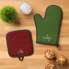 Set De Manoplas Elegante Red Green Personalizado Monograma Nombre