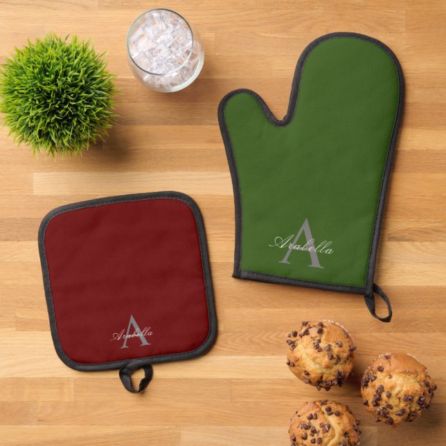 Set De Manoplas Elegante Red Green Personalizado Monograma Nombre (De arriba hacia abajo)