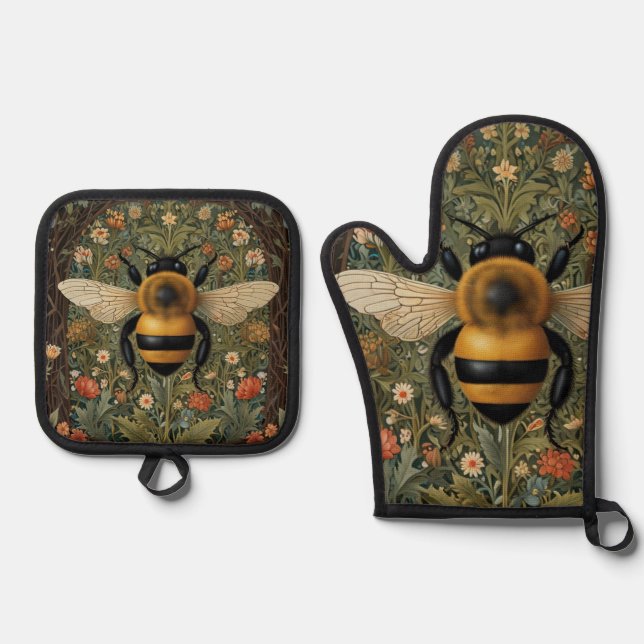 Set De Manoplas Elegante retro bumblebee boho floral botánica (Anverso)