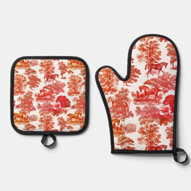 Set De Manoplas Elegante Rústico Hornos Tóilio Naranja Rojo (Anverso)