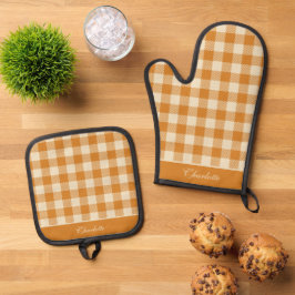 Set De Manoplas Elegante Tartán de Leñador Naranja y Crema Persona